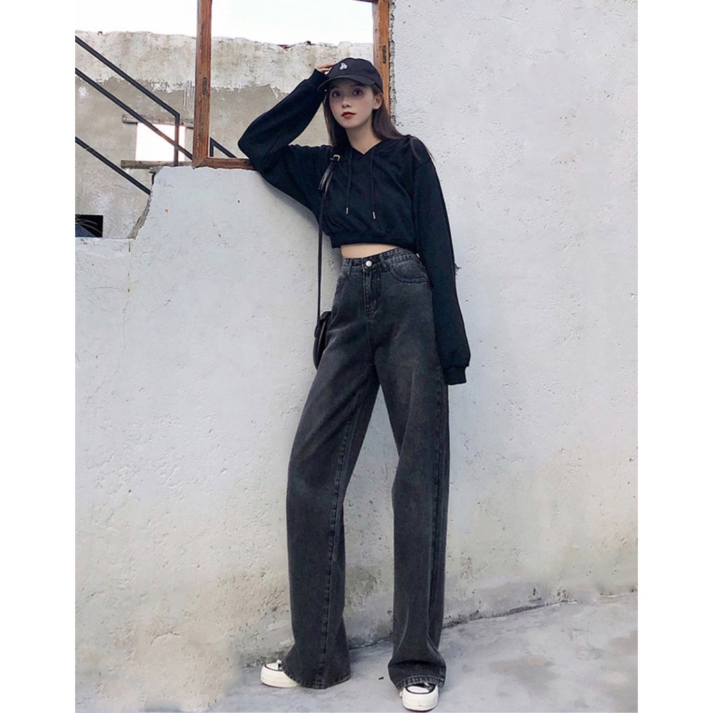 Quần jean nữ baggy ống rộng suông trơn, chất vải Jean Denim dày bền màu AnNgo - AT123