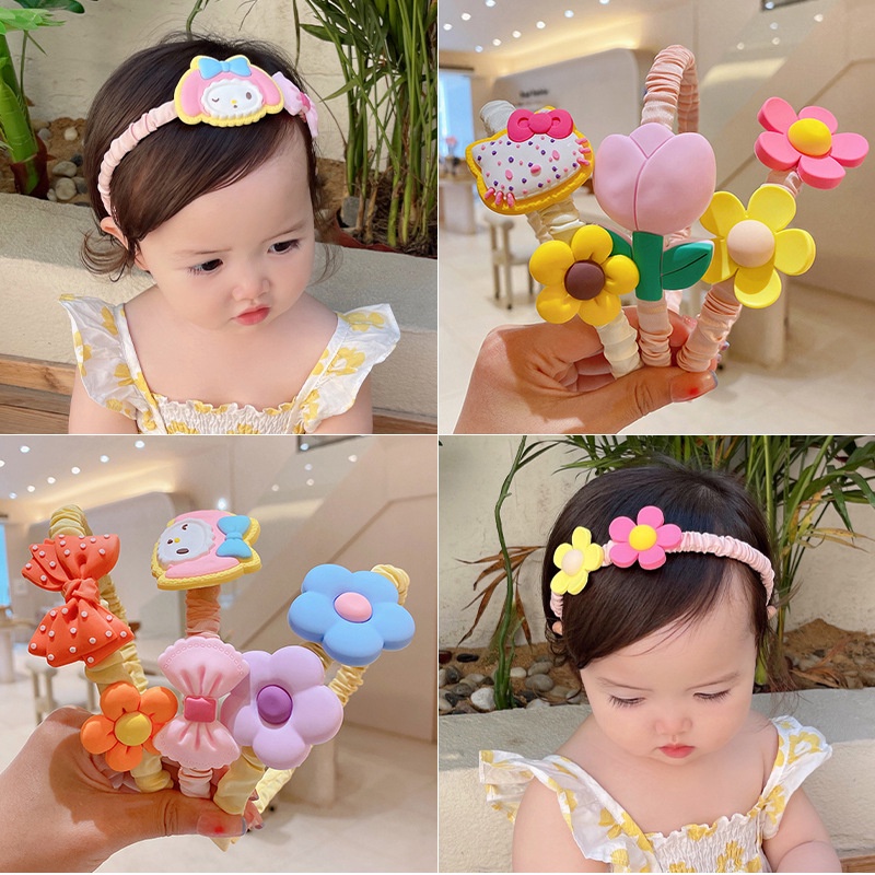 Băng đô cài tóc/bờm tóc bọc vải satin xếp nhún đính hoa nơ hoạt hình dễ thương chống trượt cho bé