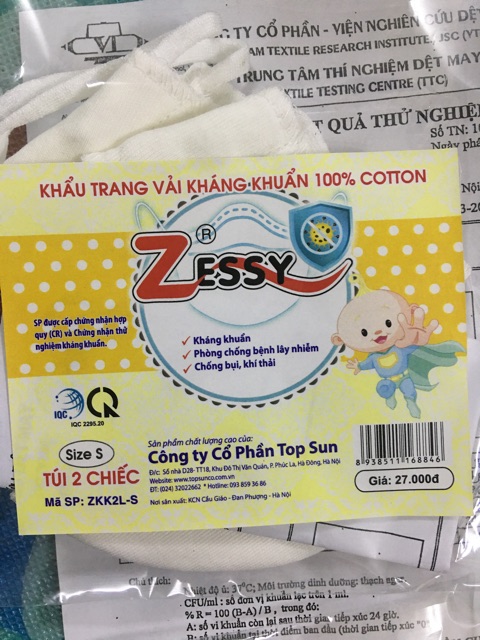 COMBO 2 KHẨU TRANG VẢI KHÁNG KHUẨN 100% TRẺ EM ZESSY