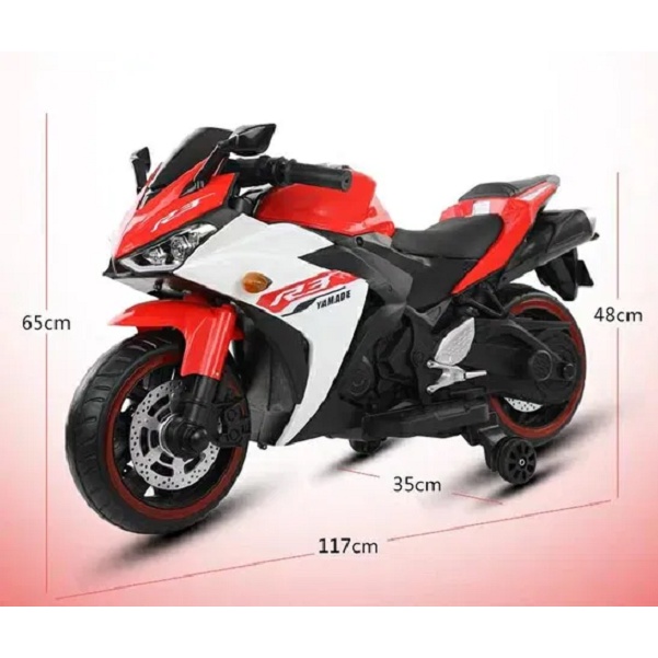 Xe máy điện cao cấp cho bé, Xe máy điện mô tô R3 sử dụng chân ga - nhạc, ác quy 12v, Bh 1 năm