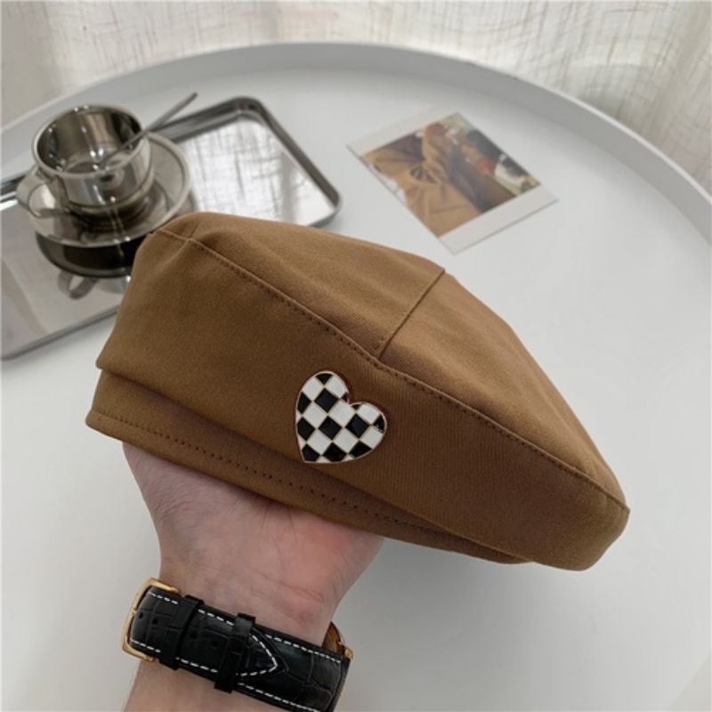 Mũ Beret Tag Hình Trái Tim Họa Tiết Caro