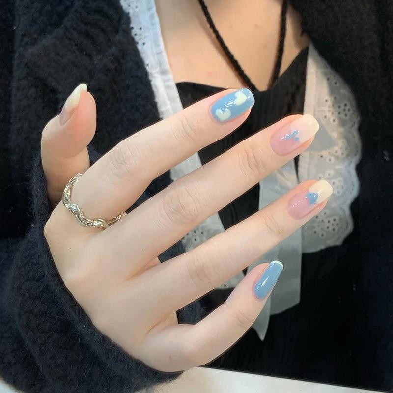 Bộ 24 Móng Tay Giả Hình Trái Tim Màu Xanh Dương Siêu Bền Chống Thấm Nước Thời Trang Phong Cách Hàn Quốc