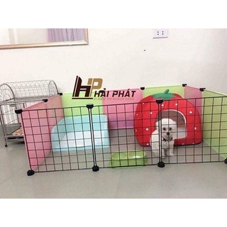Chuồng chó mèo lắp ghép tiện lợi chắc chắn (3 Tấm lưới đen + 4 tấm nhựa hồng + 3 Tấm nhựa vàng chanh )
