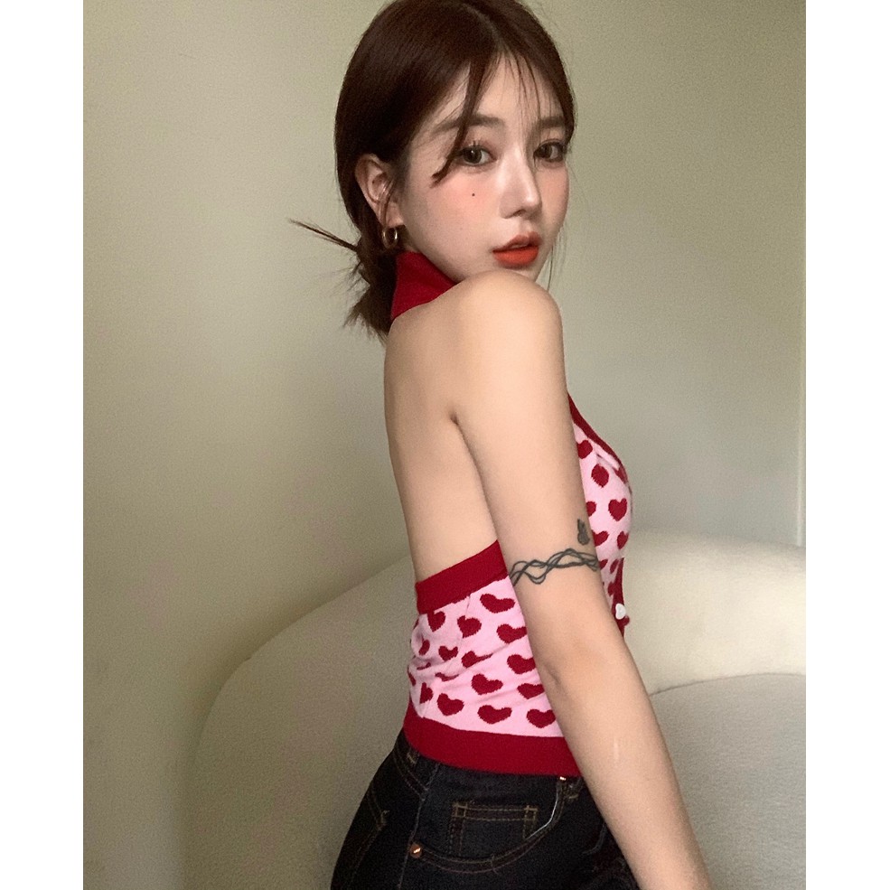 Áo lửng XIAOZHAINV hai dây họa tiết trái tim quyến rũ thời trang dành cho nữ