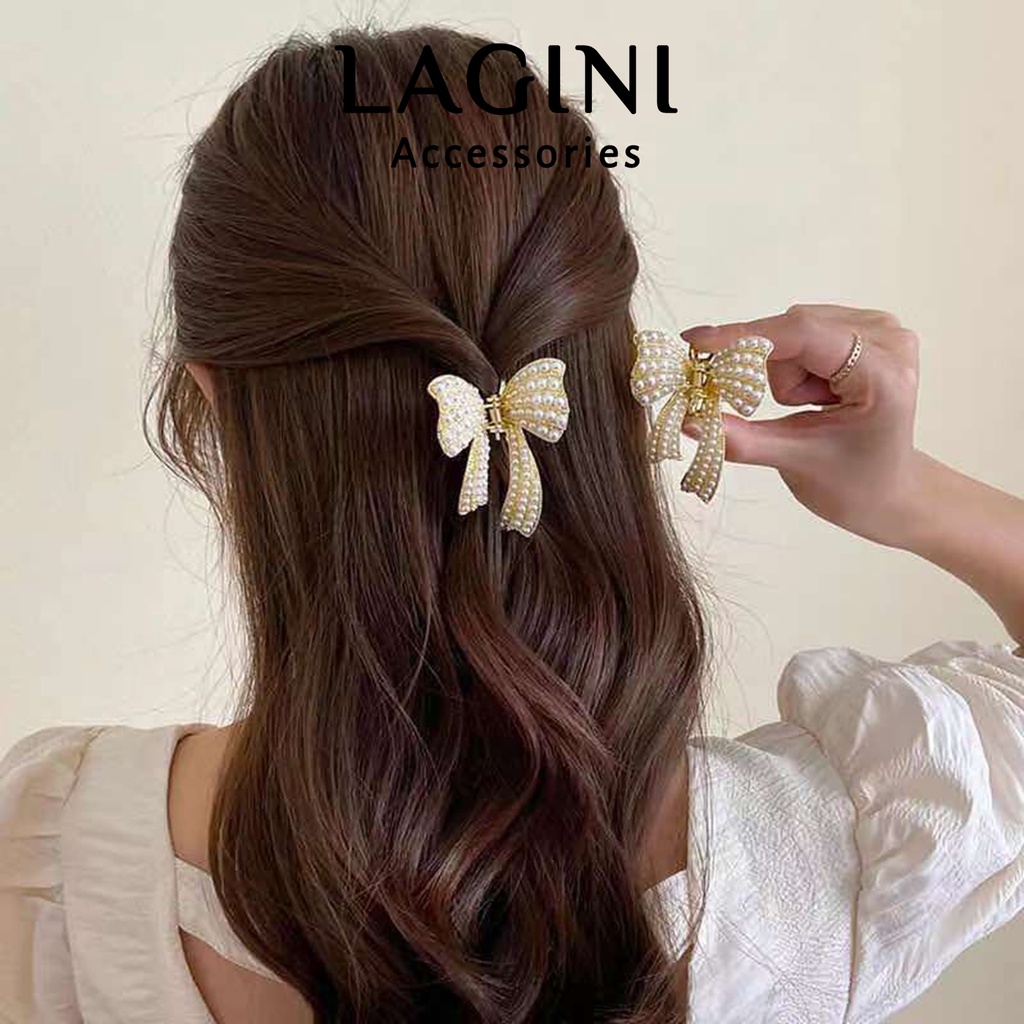 Kẹp tóc càng cua hình bướm kim loại đính ngọc trai Lagini kẹp nửa đầu nữ tính phong cách Hàn Quốc KT15