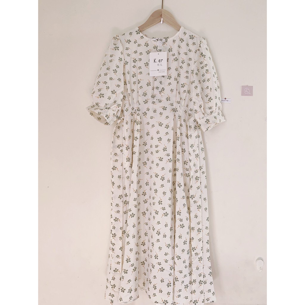 [Ảnh thật] Đầm - Váy hoa nhí cỏ 4 lá cổ tròn tay bồng thắt nơ tiểu thư