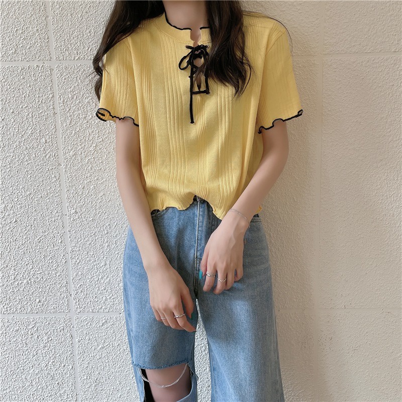 Áo Thun Dệt Kim Ngắn Tay Phối Dây Thắt Thời Trang Cá Tính
