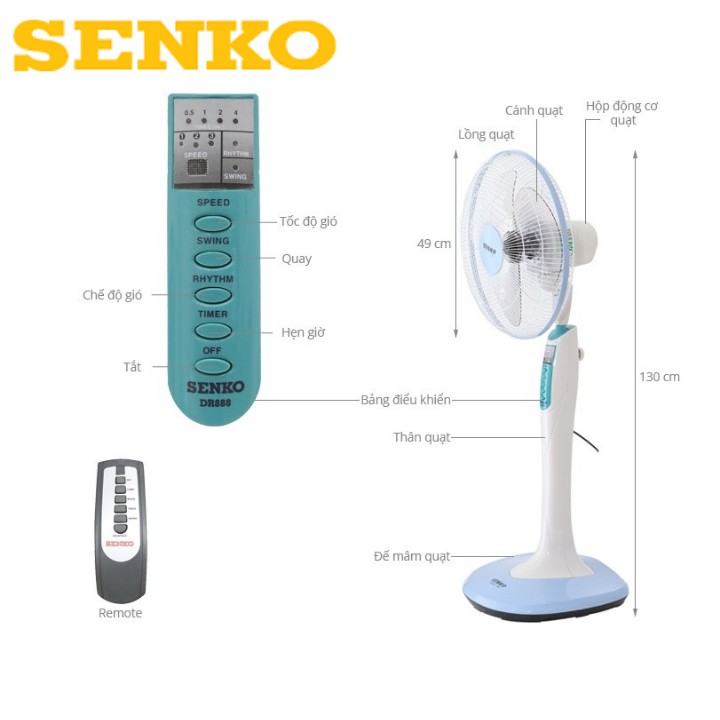 FREE SHIP Quạt Đứng Có Remote Điều Khiển Từ Xa Senko DR1608 - Bảo Hành 2 năm