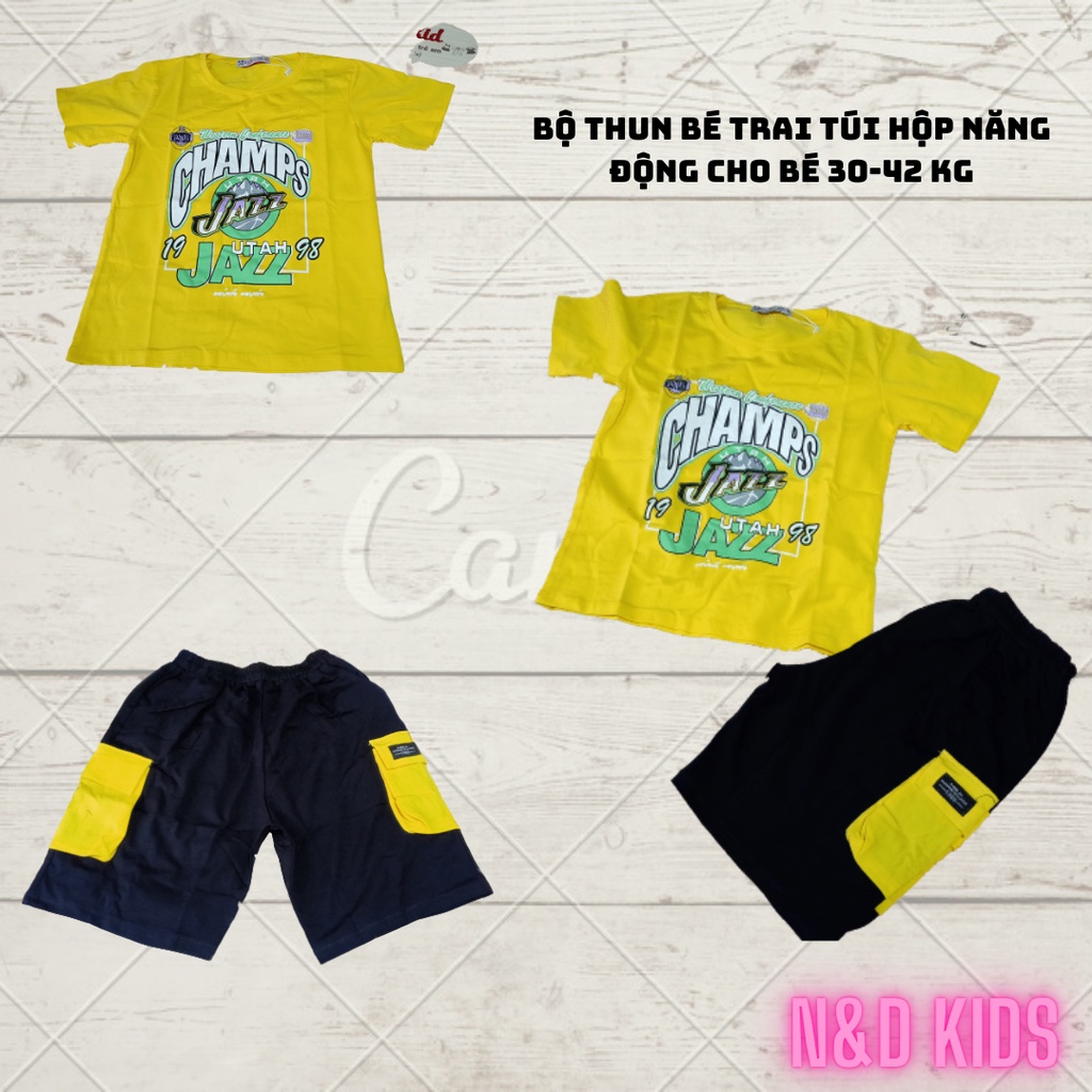 Bộ Thun Bé Trai Túi Hộp - Set Bộ Túi Hộp Champs 30-42kg - Bộ Bé Trai Năng Động Phong Cách Hip Hop - N&D Kid