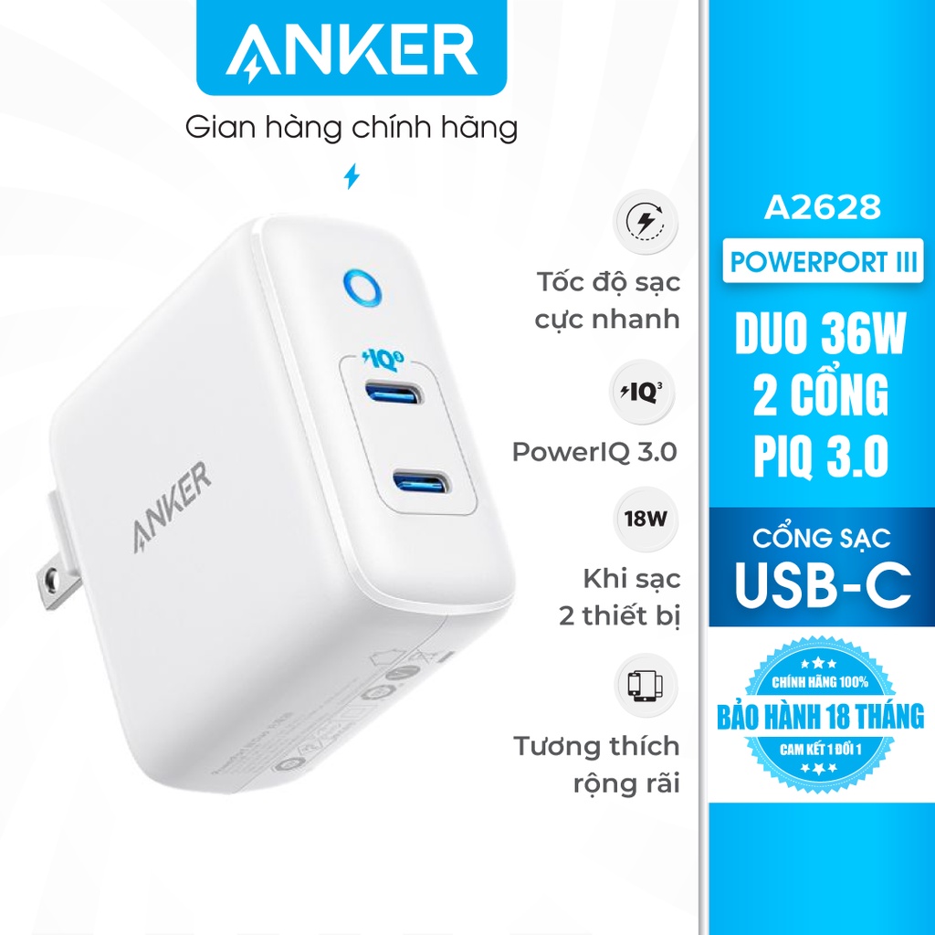 Sạc Anker PowerPort III Duo 36W 2 cổng PIQ 3.0 - A2628