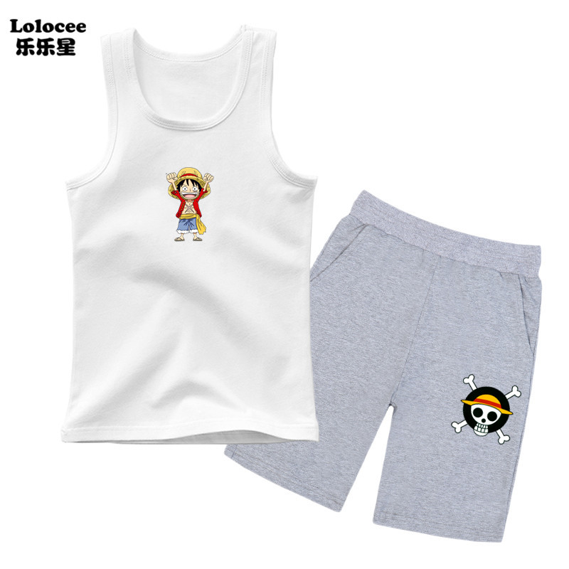 Trẻ em Mùa hè 2 mảnh Bộ trang phục Bộ đồ không tay cho bé trai One Piece Anime Luffy Xe tăng và quần đùi Bộ quần áo thể thao