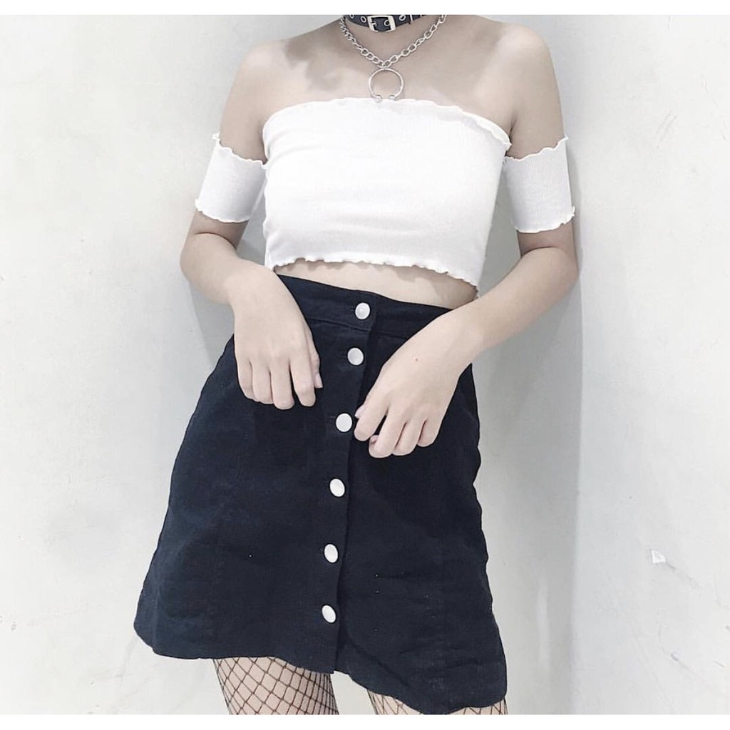 Áo kiểu thun gân trễ vai viền biên cực xinh hot hit