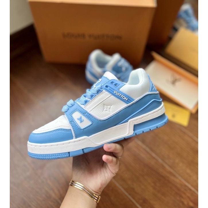 GIÀY LV TRAINER BLUE WHITE TRẮNG XANH DA THẬT LAI AU