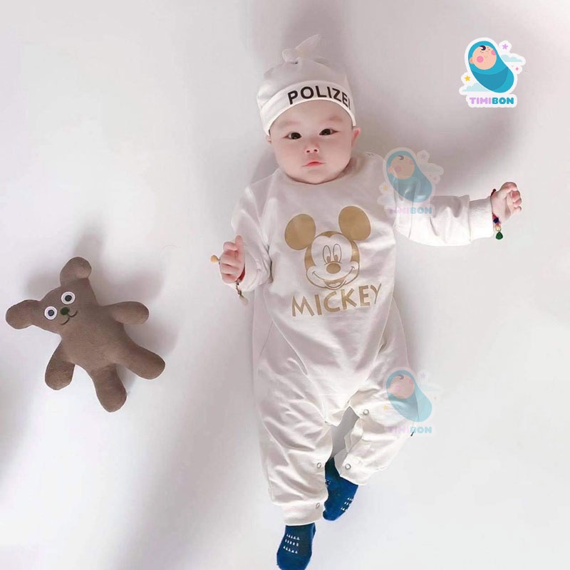 Quần Áo Trẻ Em Sơ Sinh Body Mickey Dài Tay Kèm Mũ Cho Bé Trai Bé Gái Chất Cotton [BDD19]