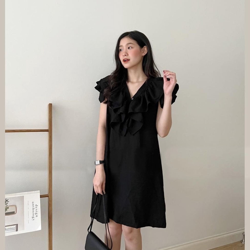 Váy nữ bèo cổ dáng babydoll [Linly Store] Đầm suông bánh bèo chất đũi V-VBE