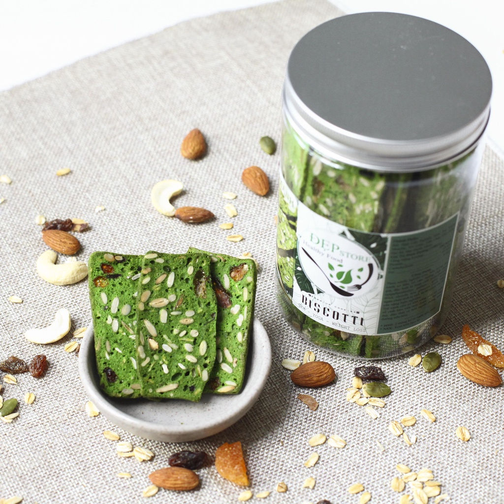 Bánh BISCOTTI Nguyên Cám Vị Matcha Đẹp Store - Bánh Ngũ Cốc Nướng Ăn Kiêng Không Đường