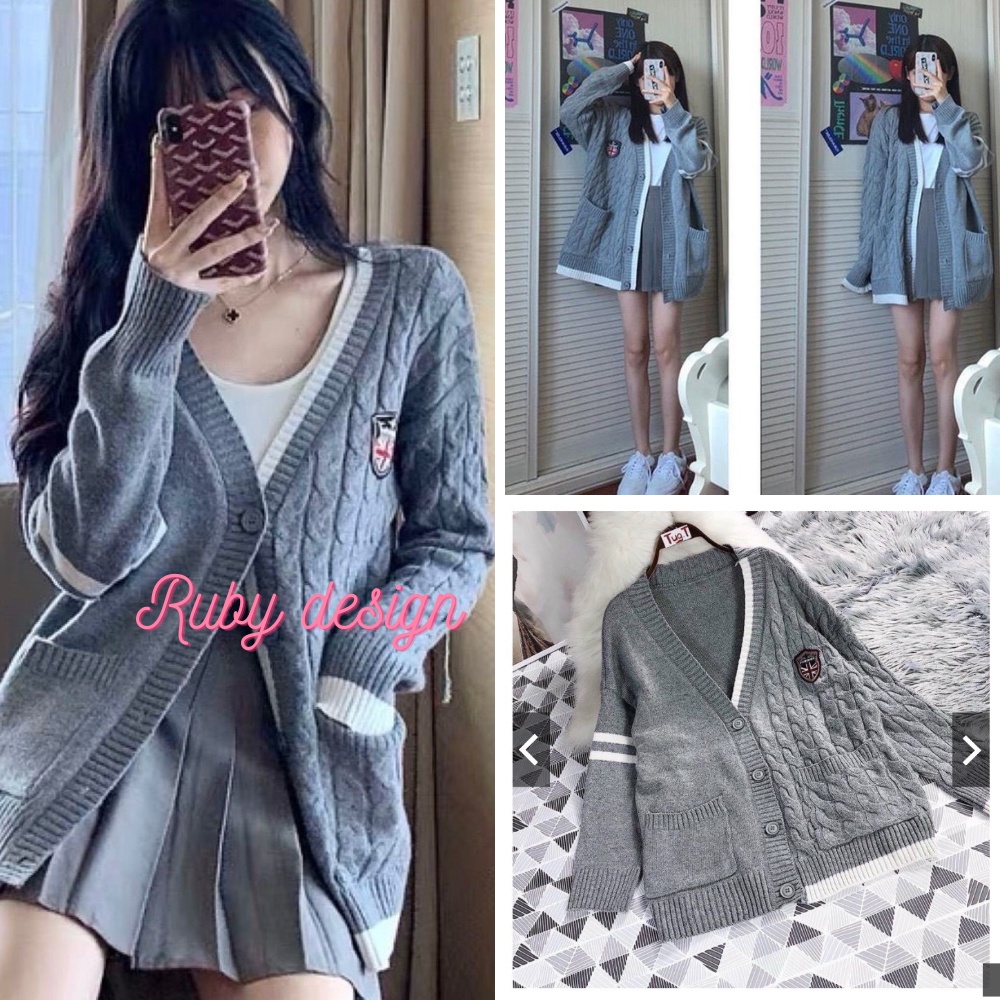 Áo Khoác Len Nữ Màu Ghi Áo Cadigan Len Logo Form Rộng Hàng Qc Phong Cách Hàn Quốc Hot Trend - Ruby Design