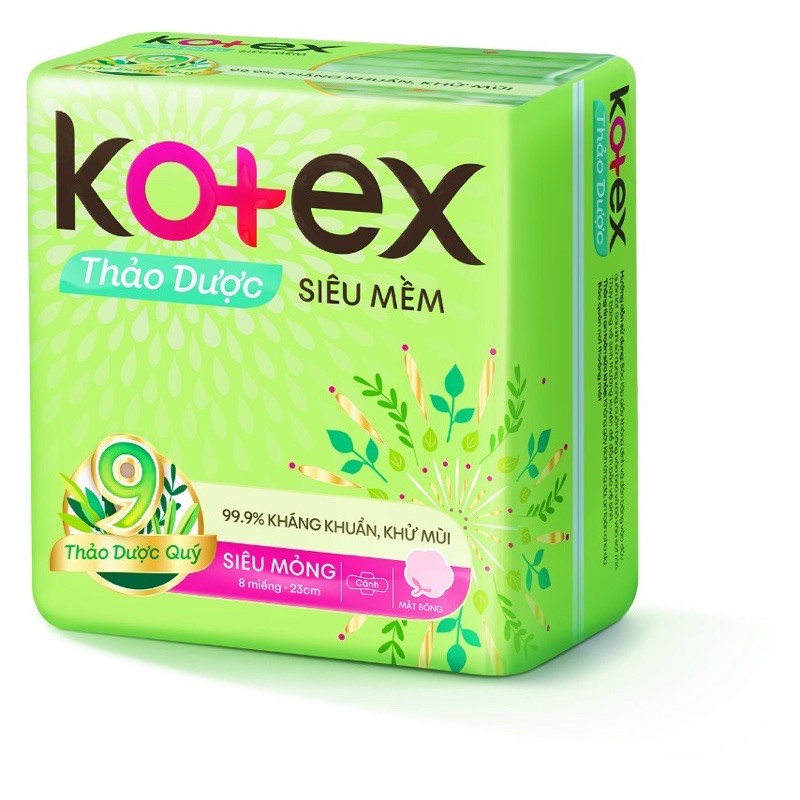 BĂNG VỆ SINH KOTEX THẢO DƯỢC siêu mềm siêu mỏng cánh 23cm 8miếng