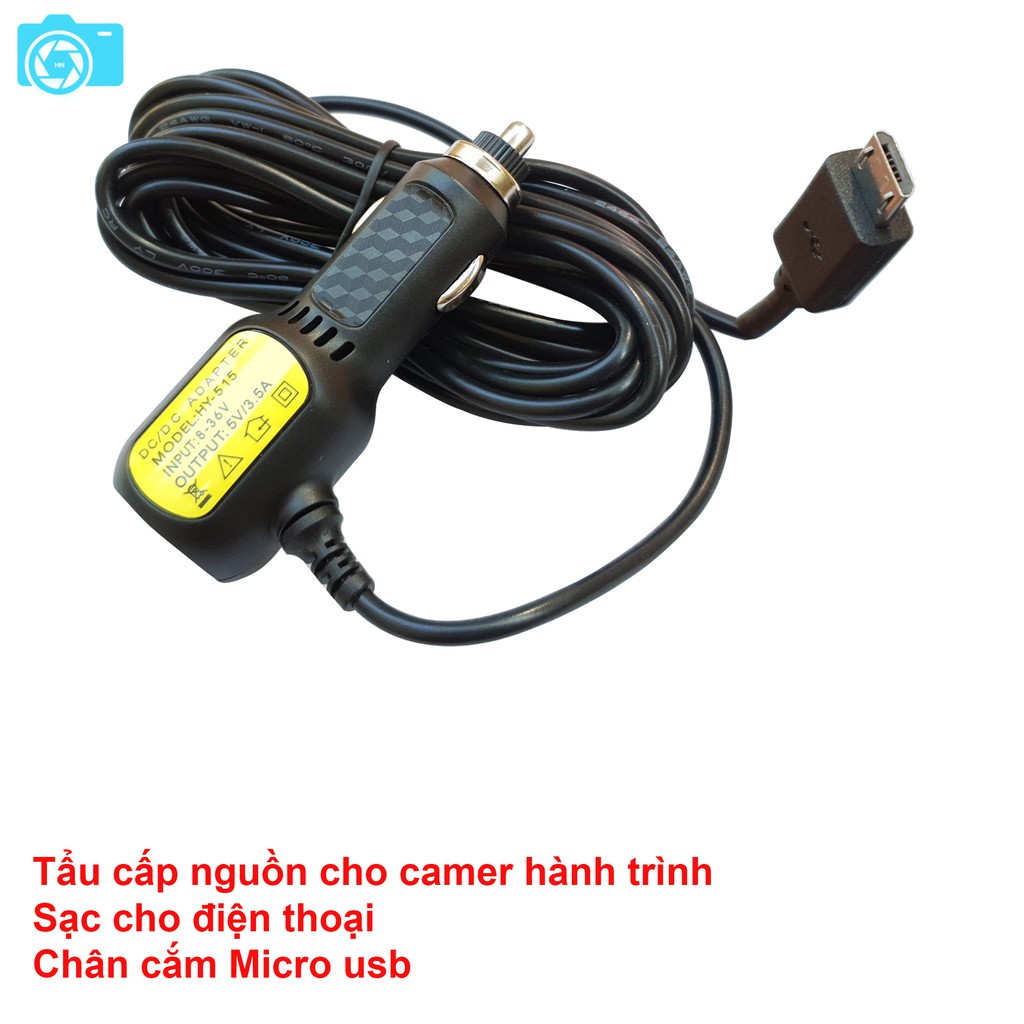 Tẩu cấp nguồn cho camera hành trình, chân cắm MICRO USB, dây dài 3.5m, có 2 cổng USB sạc điện thoại