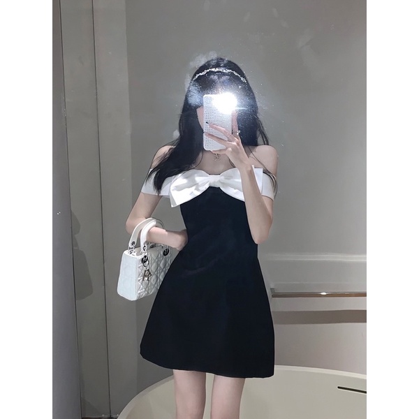 Đầm váy nữ trễ vai phối nơ đen trắng tiểu thư sang chảnh hot ulzzang