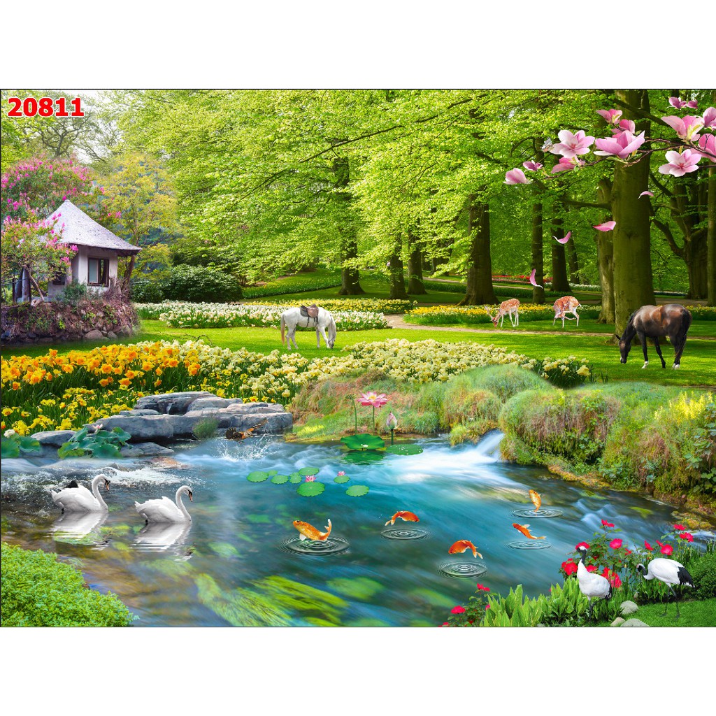 Tranh dán tường 3d phong cảnh thiên nhiên trang trí phòng khách chất liệu decal pp keo sẵn bóc dán atk4