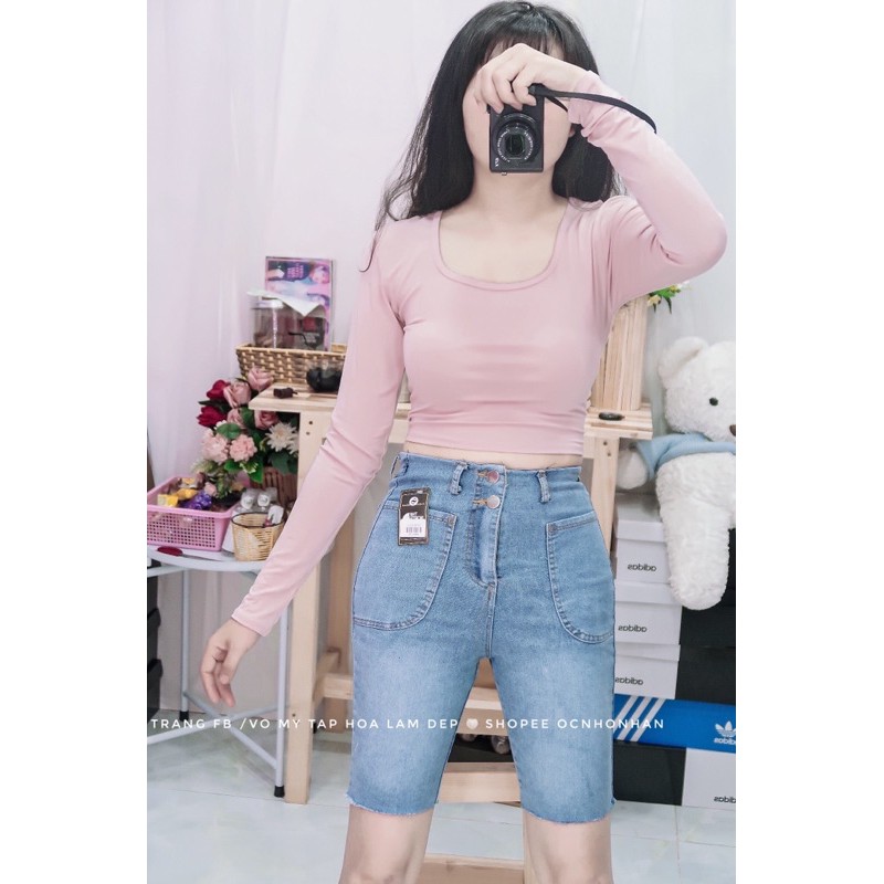 set áo croptop tay dài phối quần short