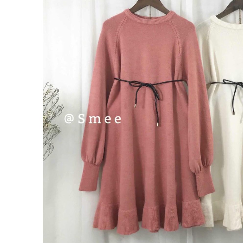 váy len hồng & trắng Hàn quốc