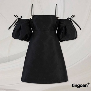 TINGOAN® - Váy hai dây buộc nơ tay kèm nơ cài kim loại đen BOWIE CRYSTAL DRESS/BL