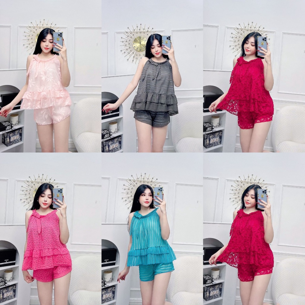 đồ ngủ 2 dây yếm sexy phối ren 2 lớp , set đồ ngủ vải phi ren 2 lớp freesize dưới 57kg