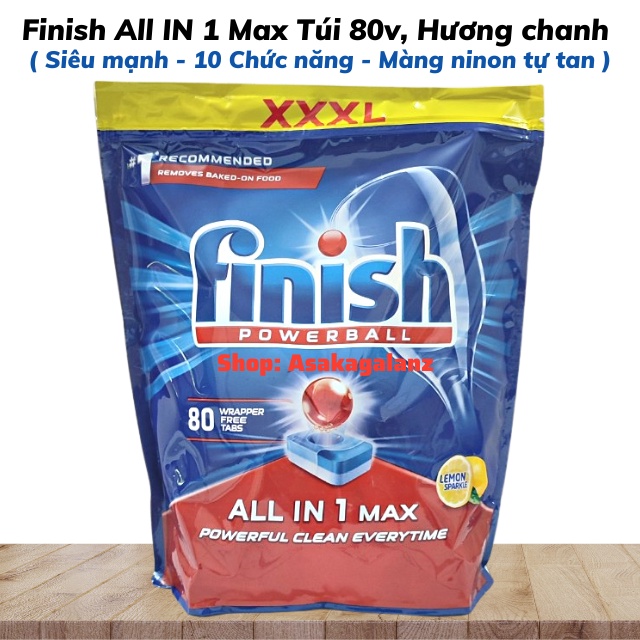 Viên rửa bát Finish All in 1 Max 80 viên/Túi - Hương chanh [10 chức năng, màng nilon tự tan]