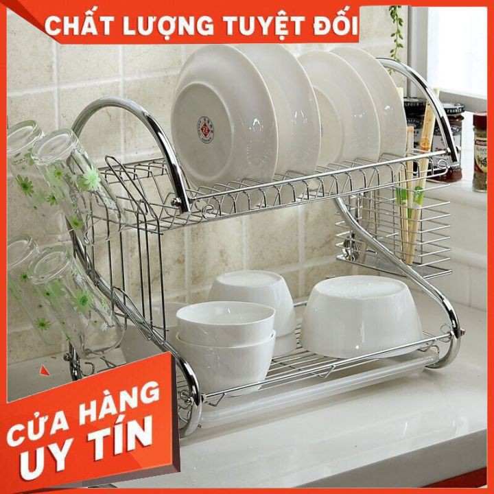 Giá úp bát INOX 2 tầng có khay hứng nước HÀNG L1 DÀY DẶN