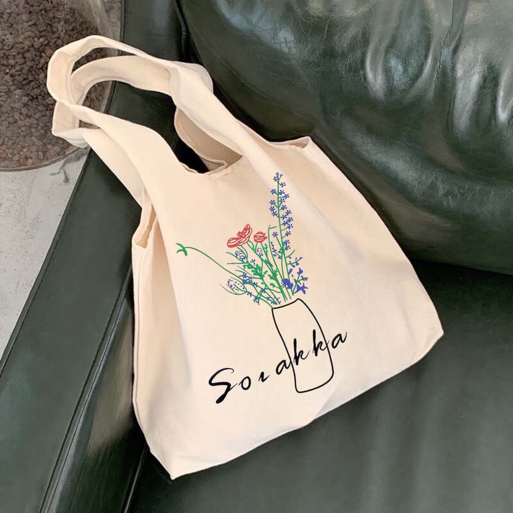 Túi tote Hazin túi vải canvas nữ hoạ tiết bình hoa đựng vừa laptop cỡ lớn đeo vai phong cách ulzzang