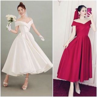Đầm váy dự tiệc, cô dâu đi bàn form midi xòe phồng trễ vai bẹt vai sang trọng kèm bờm / lưới / lúp cô dâu