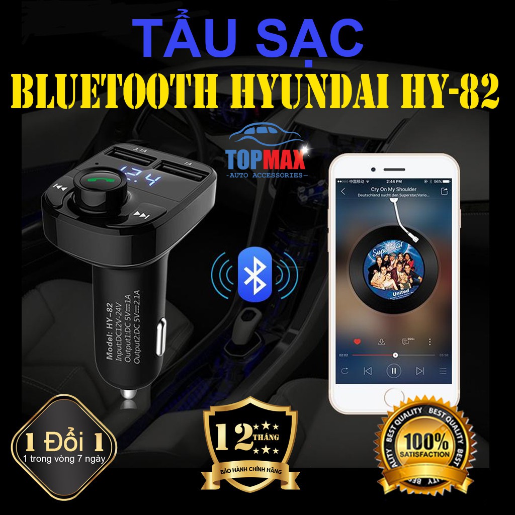 Tẩu Nghe Nhạc Bluetooth Hyundai HY-82 Kiêm Sạc Điện Thoại 2 Cổng Cao Cấp Cho Ô Tô (Hỗ trợ thẻ nhớ và USB)-Bảo hành 24T