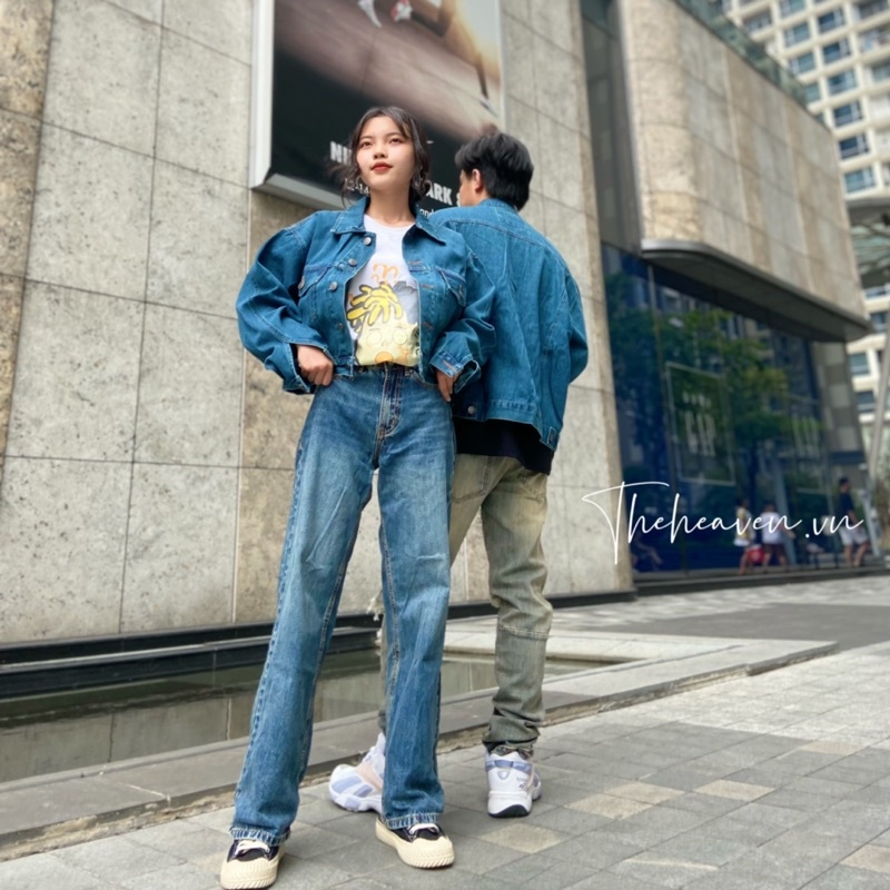 Áo khoác jean bò Xanh Vintage ánh rêu form rộng unisex nam nữ, có 6 túi và túi trong, hàng cao cấp