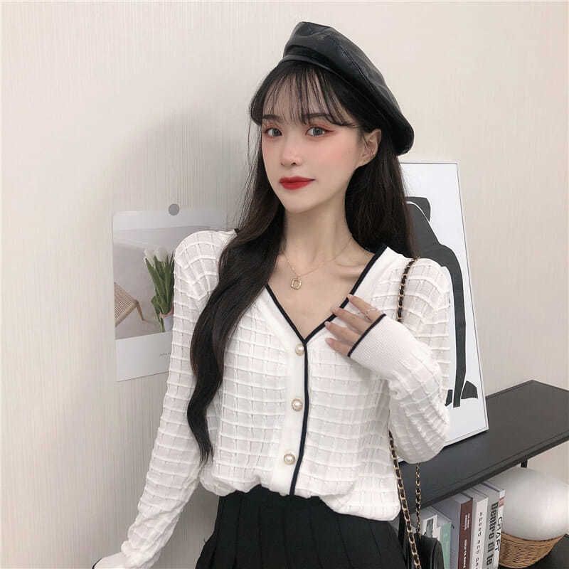Áo Khoác Cardigan Thun Len Nữ Tay Dài Sọc Gân Thời Trang