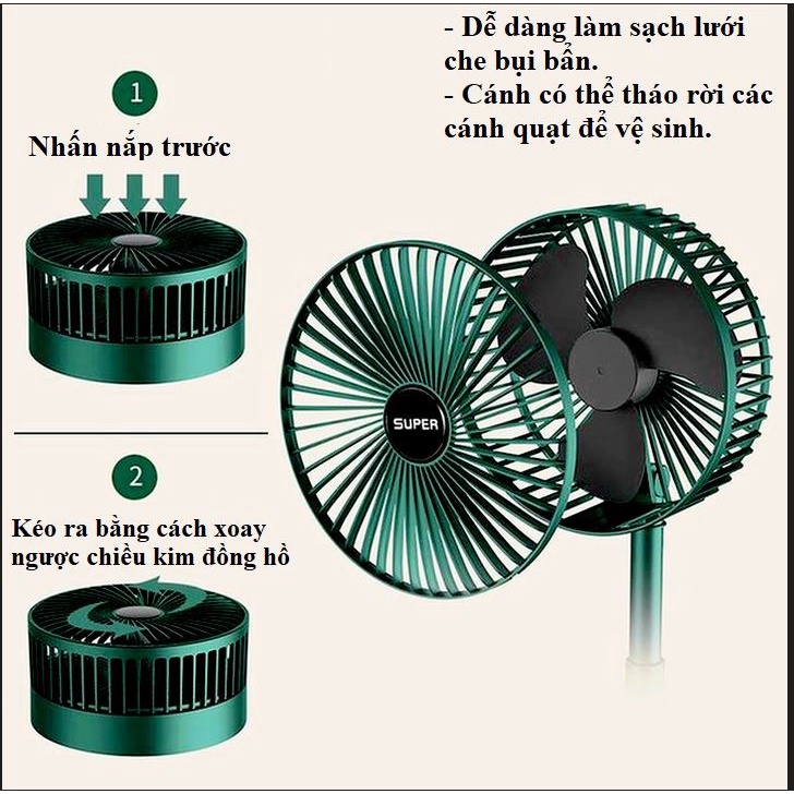 Quạt Tích Điện Mini Gấp Gọn Tròn Tiên Lợi -- Quạt Mini Để Bàn Xoay 180 Độ, 3 Tốc Độ Gió, Pin Sạc USB