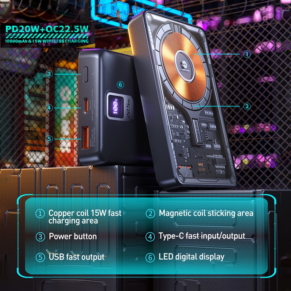 Pin sạc dự phòng không dây WEKOME tích hợp sạc nhanh PD20 W 10000mAh trong suốt