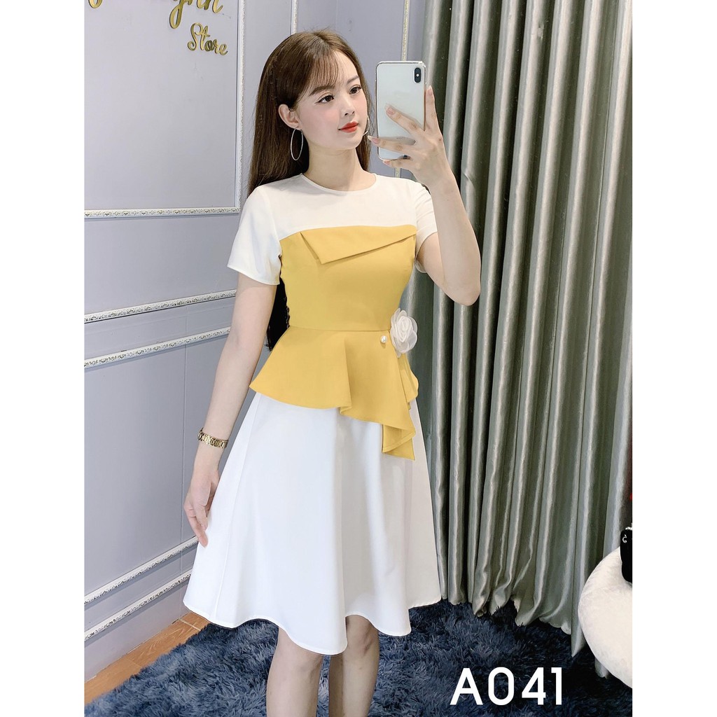 [Đồng giá 269k] Đầm Công Sở Dáng Xòe Eo Ôm Đính Hoa - She Loves A041 Màu Vàng Phối Trắng