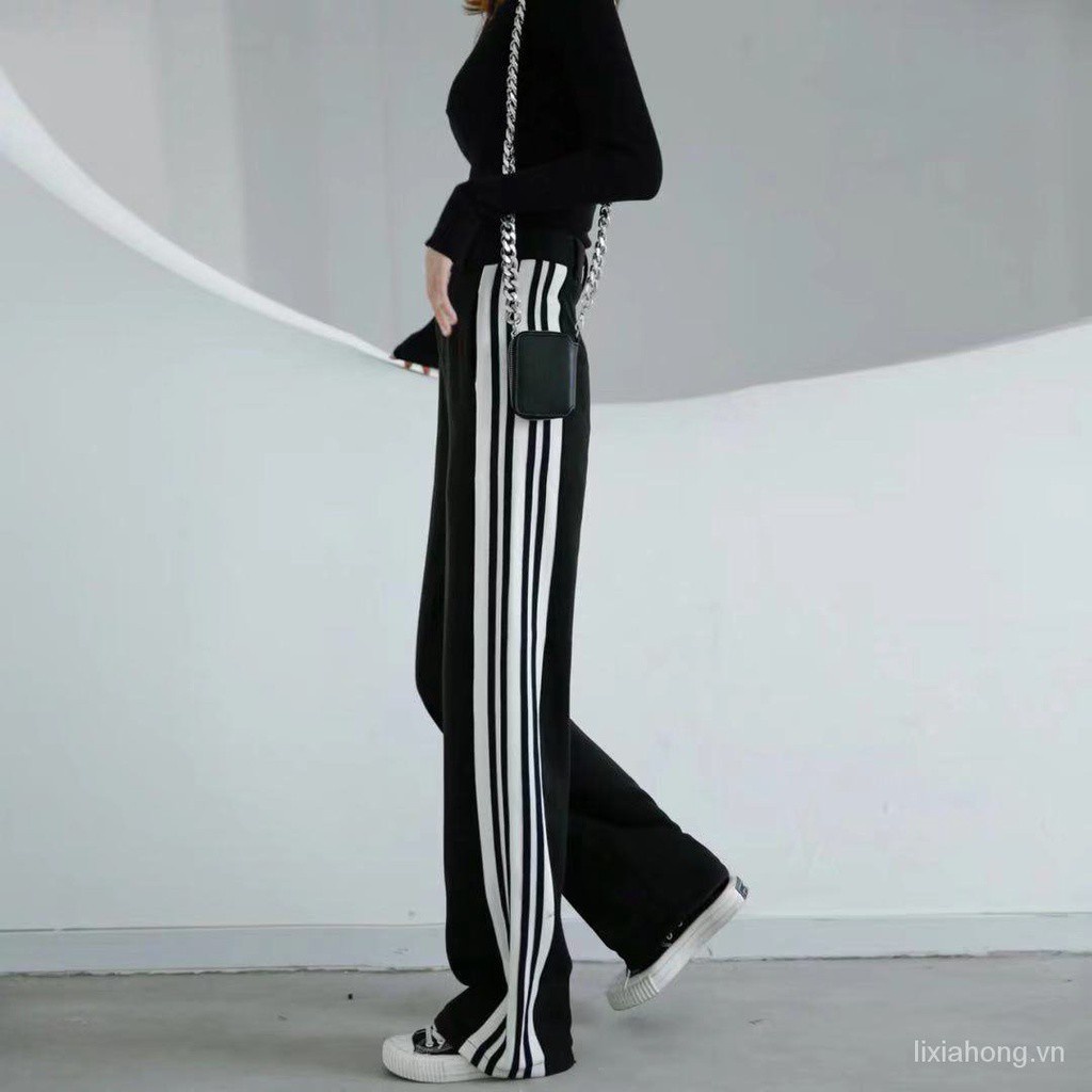 quần ống rộng Lưng Cao Kẻ Sọc Trắng Đen Phong Cách Hàn Quốc Thời Trang Mùa Hè Cho Nữ 2021