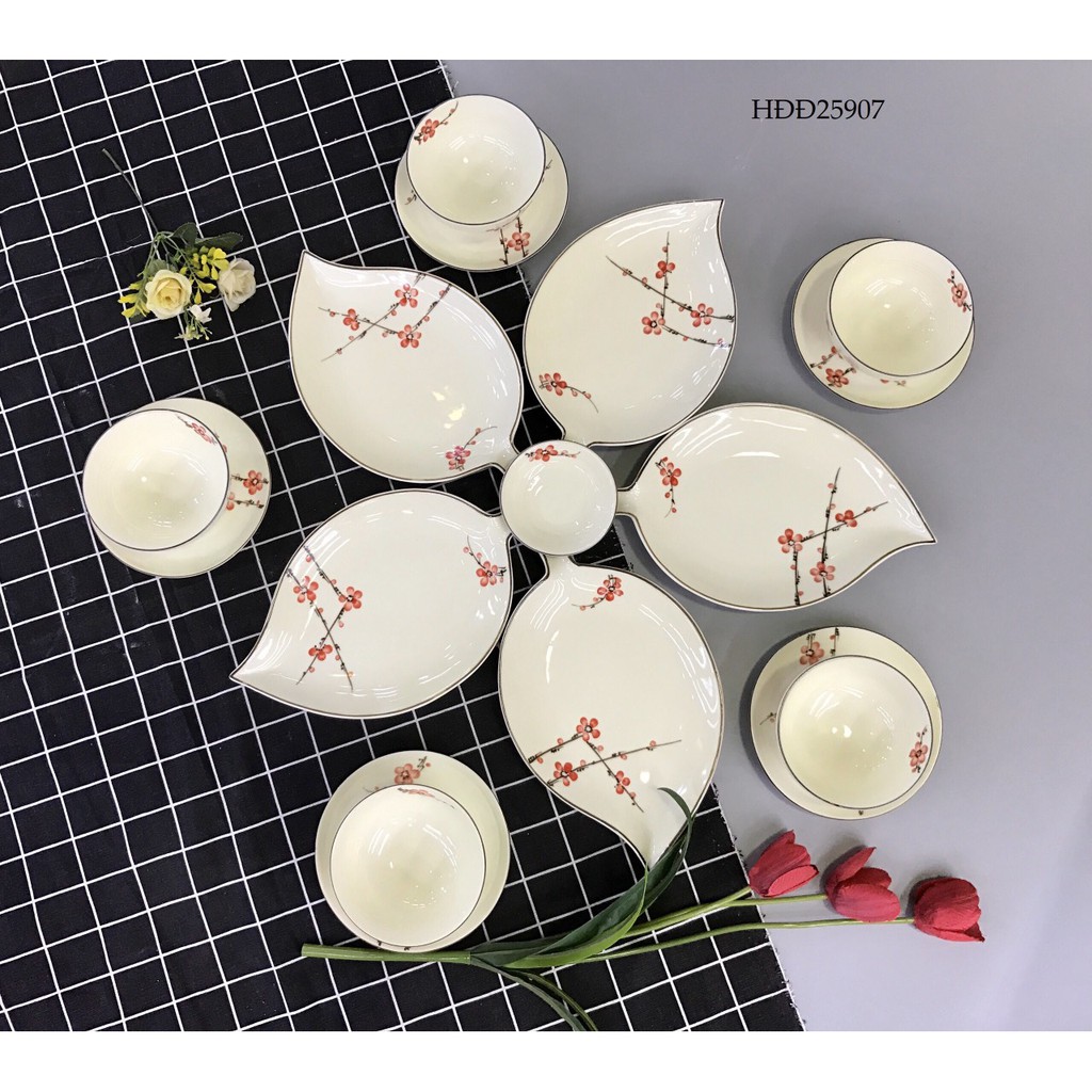 Set đĩa lá trầu sứ Bát Tràng nhiều mẫu