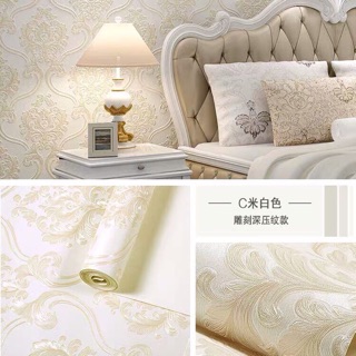 10 mét giấy dán tường keo ngoài màu trắng sữa hoa văn châu âu in nổi siêu đay, bền và cực đẹp