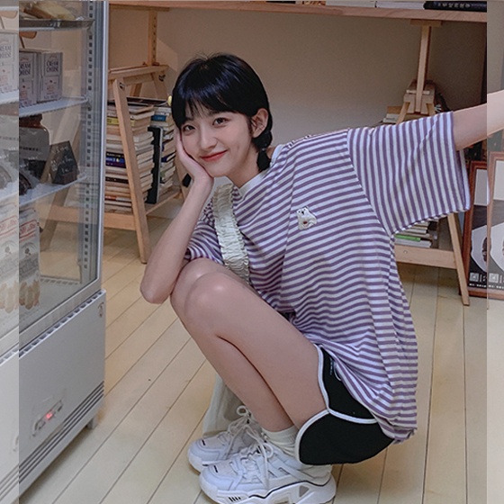 SUXI Áo Thun Tay Ngắn Cổ Tròn Dáng Rộng Họa Tiết Kẻ Sọc Màu Sắc Thời Trang Mùa Hè Xinh Xắn