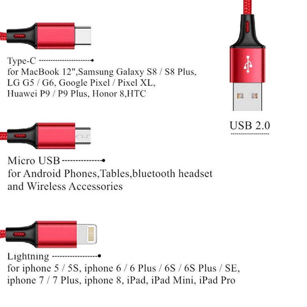 3 in 1 iPhone Lightning USB Android Micro USB Type-C Data Sync Charging Cable