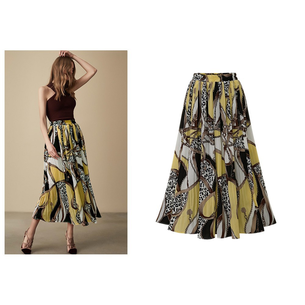 High Waist Chiffon Pleated Printed Plus Size A-line Midi Skirt | BigBuy360 - bigbuy360.vn
