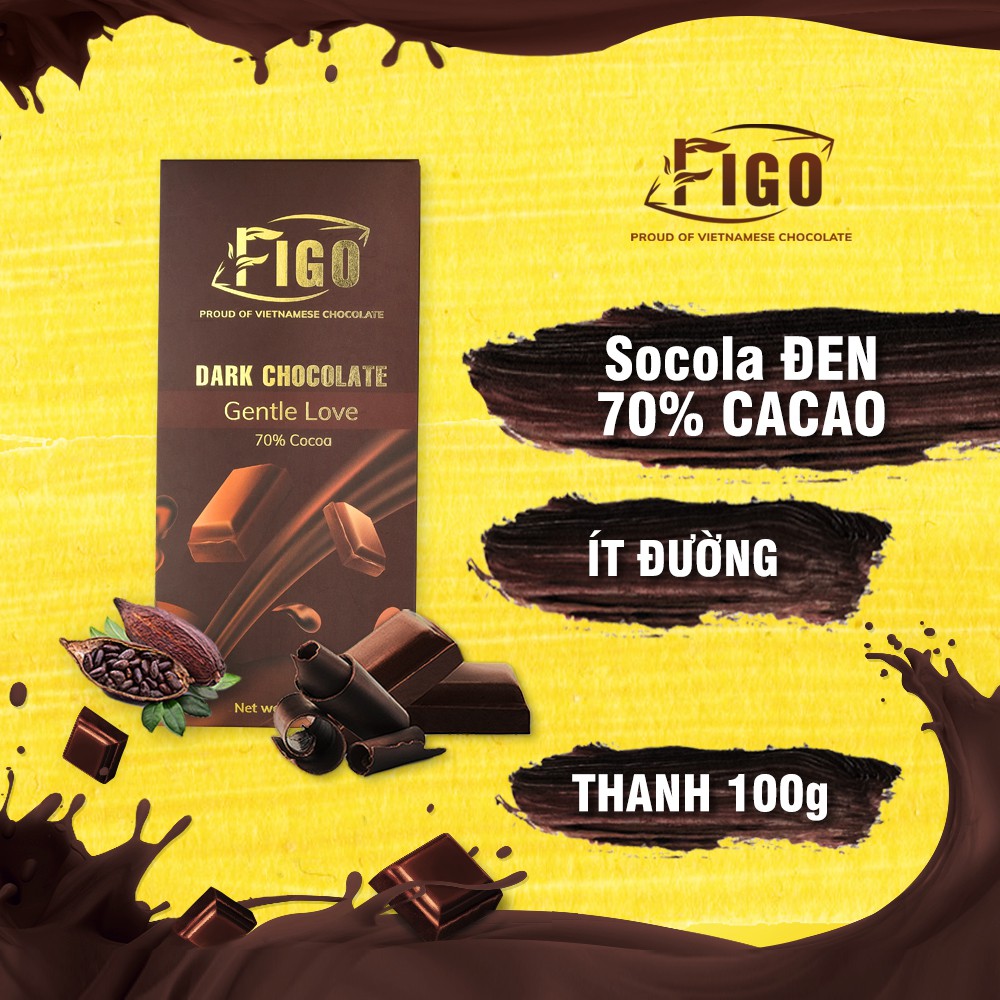 Kẹo socola đen nguyên chất ít đường vị đắng 70% cacao Figo, Dark Chocolate 70 cacao less sugar, phù hợp eat clean, keto