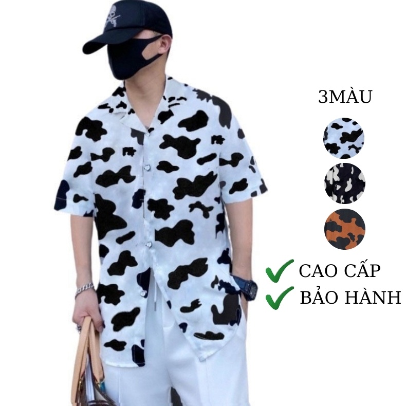 Áo sơ mi nam nữ unisex họa tiết bò sữa ngắn tay cổ bẻ 20UP form rộng 50-85kg 100% lụa cao cấp nhẹ thoáng mát không nhăn