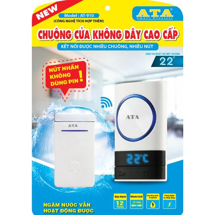 Chuông cửa không dây cao cấp ATA AT-910 (nút nhấn không dùng pin) hiển thị cả nhiệt độ.