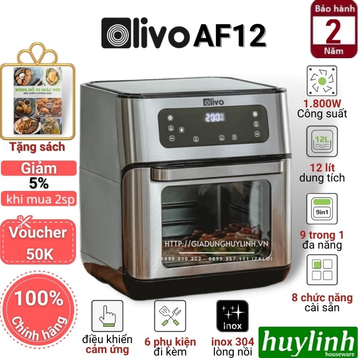 [Mã ELHAMS5 giảm 6% đơn 300K] Nồi chiên không dầu điện tử Olivo AF12 - 12 lít - Tặng voucher + Sách HD nấu ăn