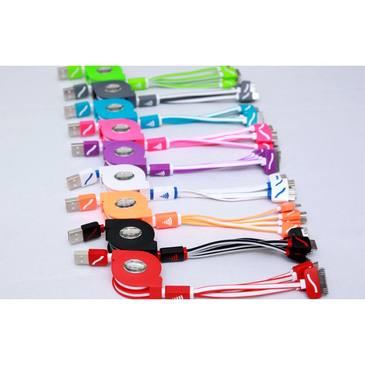 Cáp sạc dây rút 4 đầu dài 1m xạc đa năng nhiều màu dùng trên ô tô hoặc cho điện thoại máy tính bảng